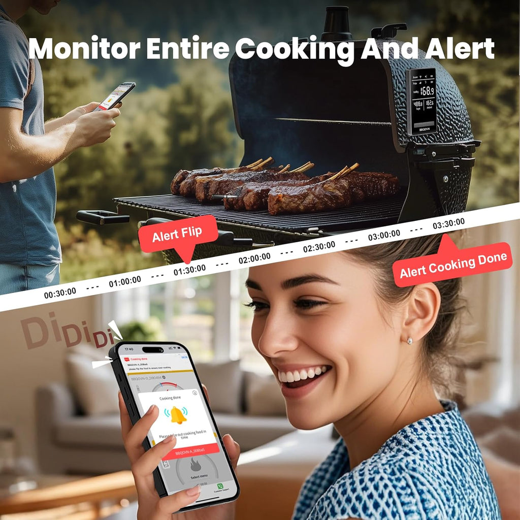 Smart Wifi Wireless Meat Thermometer, Sub-1G Long Range 1000FT, 7 NIST Certified Sensors in 1 Thin Probe ±0.5℉ Accuracy, Standalone Base with Large LCD for BBQ Grill Smoker Oven-Black