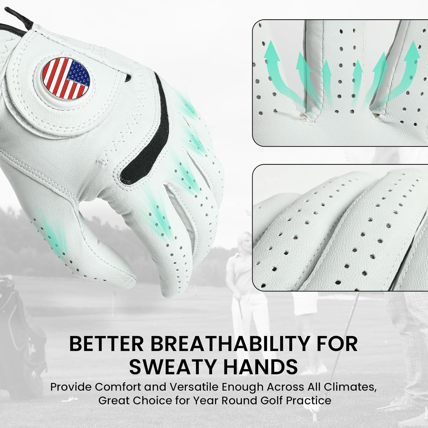 Golf Gloves Men Cabretta Leather with Ball Marker Value 2 Pack, Non Slip All Weather Grip for Left Hand Right Handed Golfer, Premium Mens Golf Glove Breathable