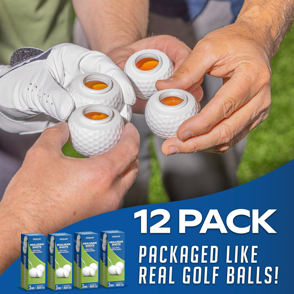 Mulligan Shots Golf Ball Shot Glasses with Lids - 12 Pack - Funny Golf Gifts for Men