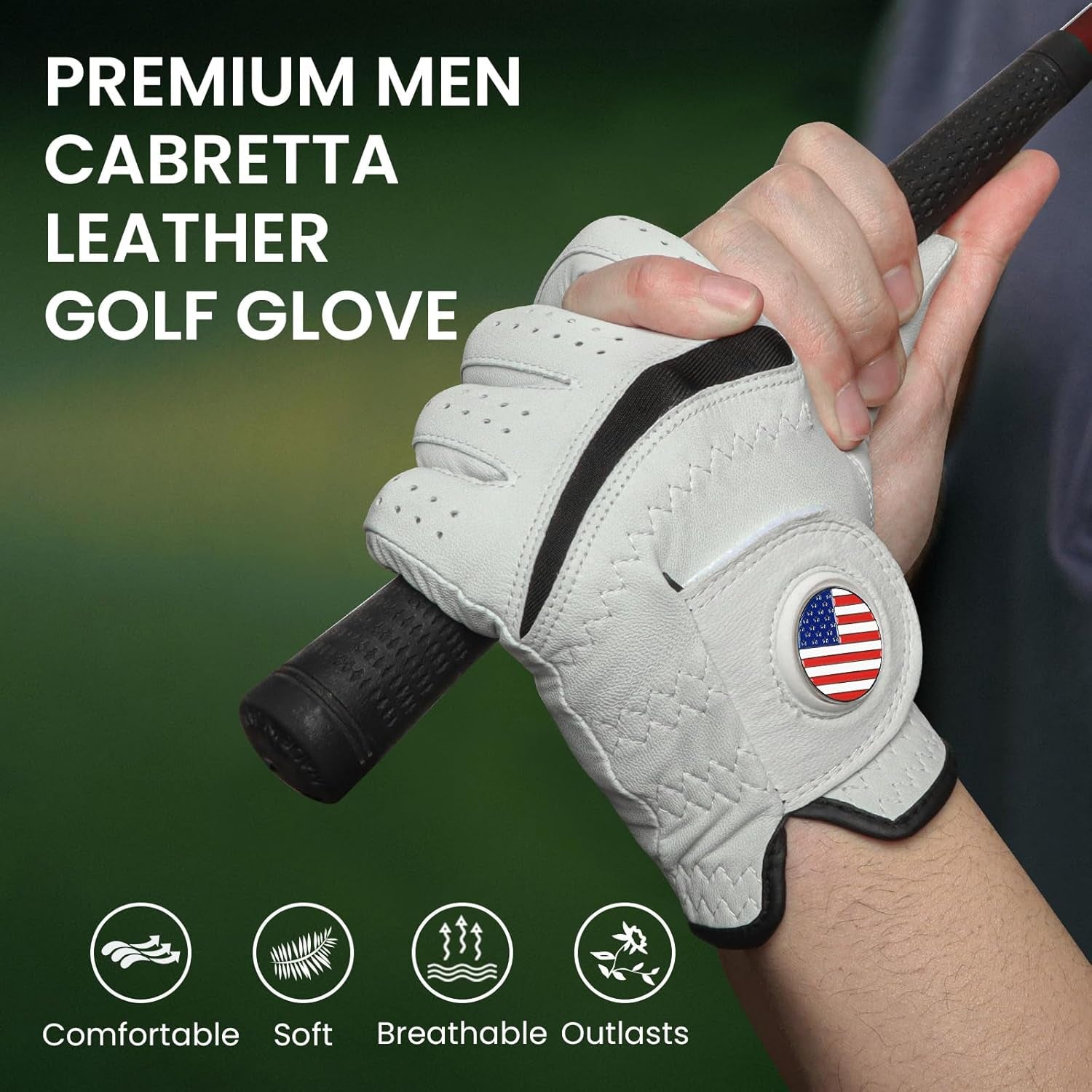 Golf Gloves Men Cabretta Leather with Ball Marker Value 2 Pack, Non Slip All Weather Grip for Left Hand Right Handed Golfer, Premium Mens Golf Glove Breathable