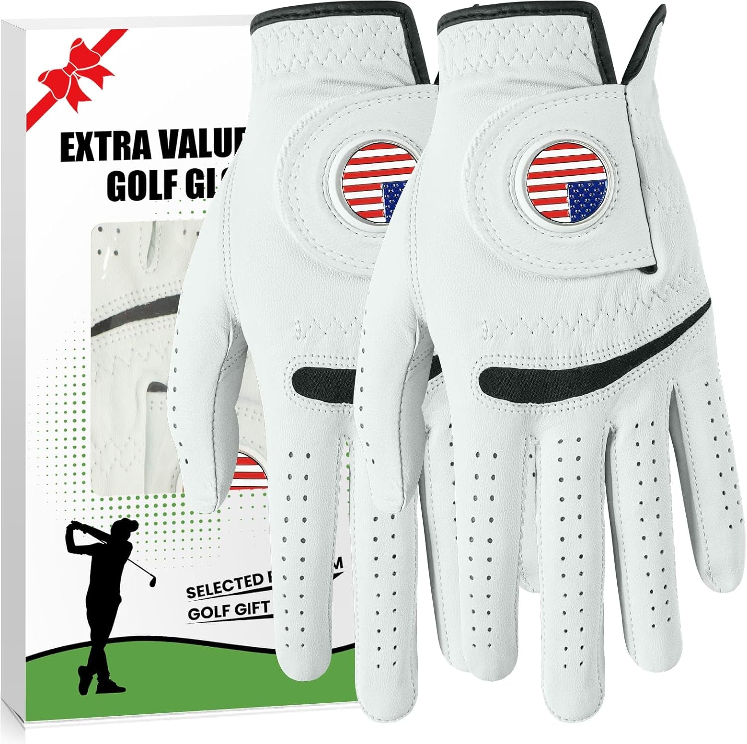 Golf Gloves Men Cabretta Leather with Ball Marker Value 2 Pack, Non Slip All Weather Grip for Left Hand Right Handed Golfer, Premium Mens Golf Glove Breathable