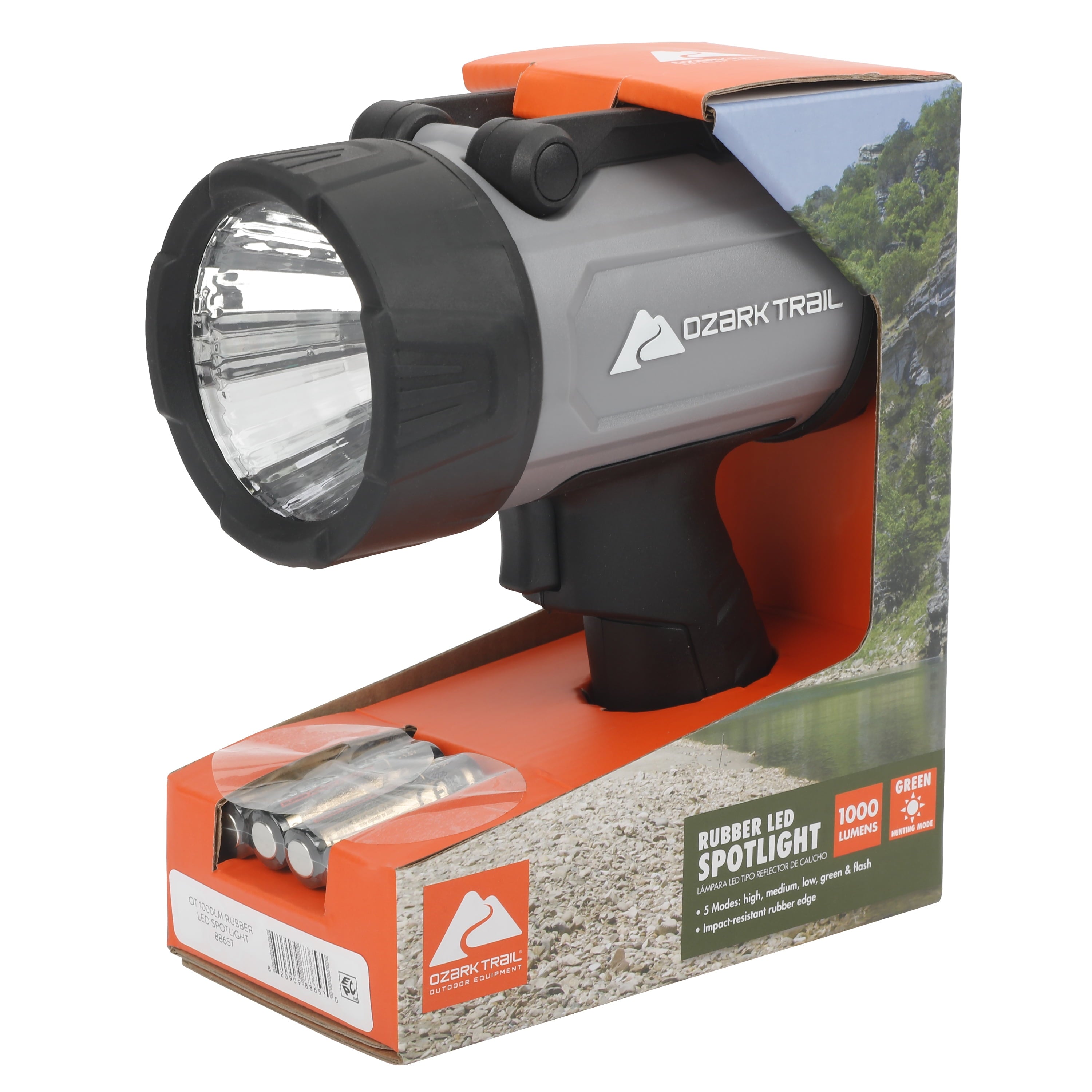 1000 Lumen LED Spotlight with Rubber Bumpers with Green Hunting Flashlight Light, AA Battery