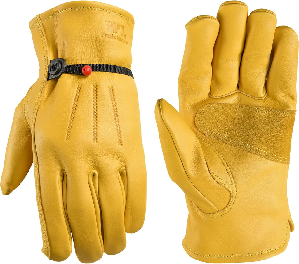 Leather Work Gloves for Men – Heavy Duty, Cowhide, Abrasion & Puncture Resistant – Adjustable Wrist, Gunn Cut Design, Ideal for Ranching, Farming, Construction - Saddletan - L