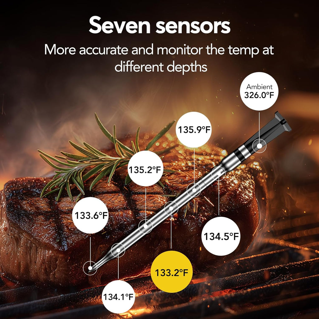 Smart Wifi Wireless Meat Thermometer, Sub-1G Long Range 1000FT, 7 NIST Certified Sensors in 1 Thin Probe ±0.5℉ Accuracy, Standalone Base with Large LCD for BBQ Grill Smoker Oven-Black