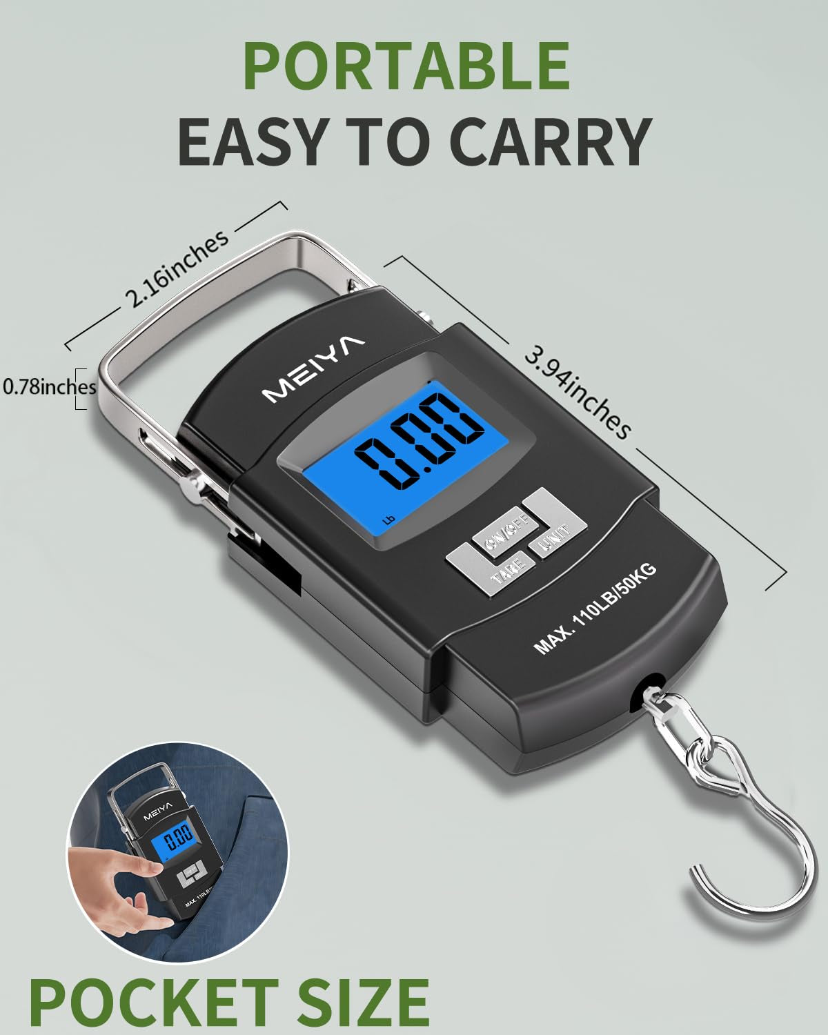 Fish Scale 110Lb/50Kg Digital Fishing Scale with Backlit LCD, Portable Handle, Stainless Steel Hook & 2 AAA Batteries – Reliable Fishing Gear & Great Fishing Gifts for Men