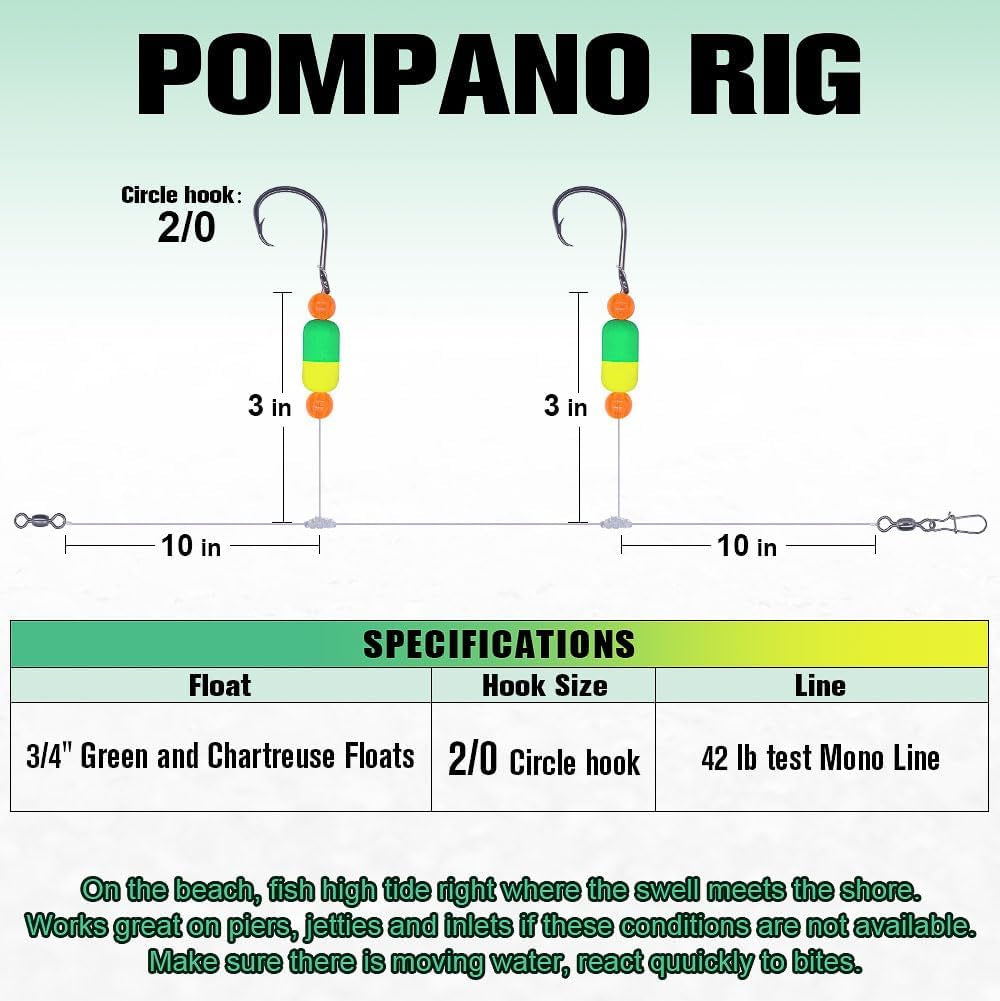 Pompano-Rigs-For-Surf-Fishing-Saltwater-Gear with Double Circle & Wide Gap Hook-6-Pack Surf Fishing Tackle
