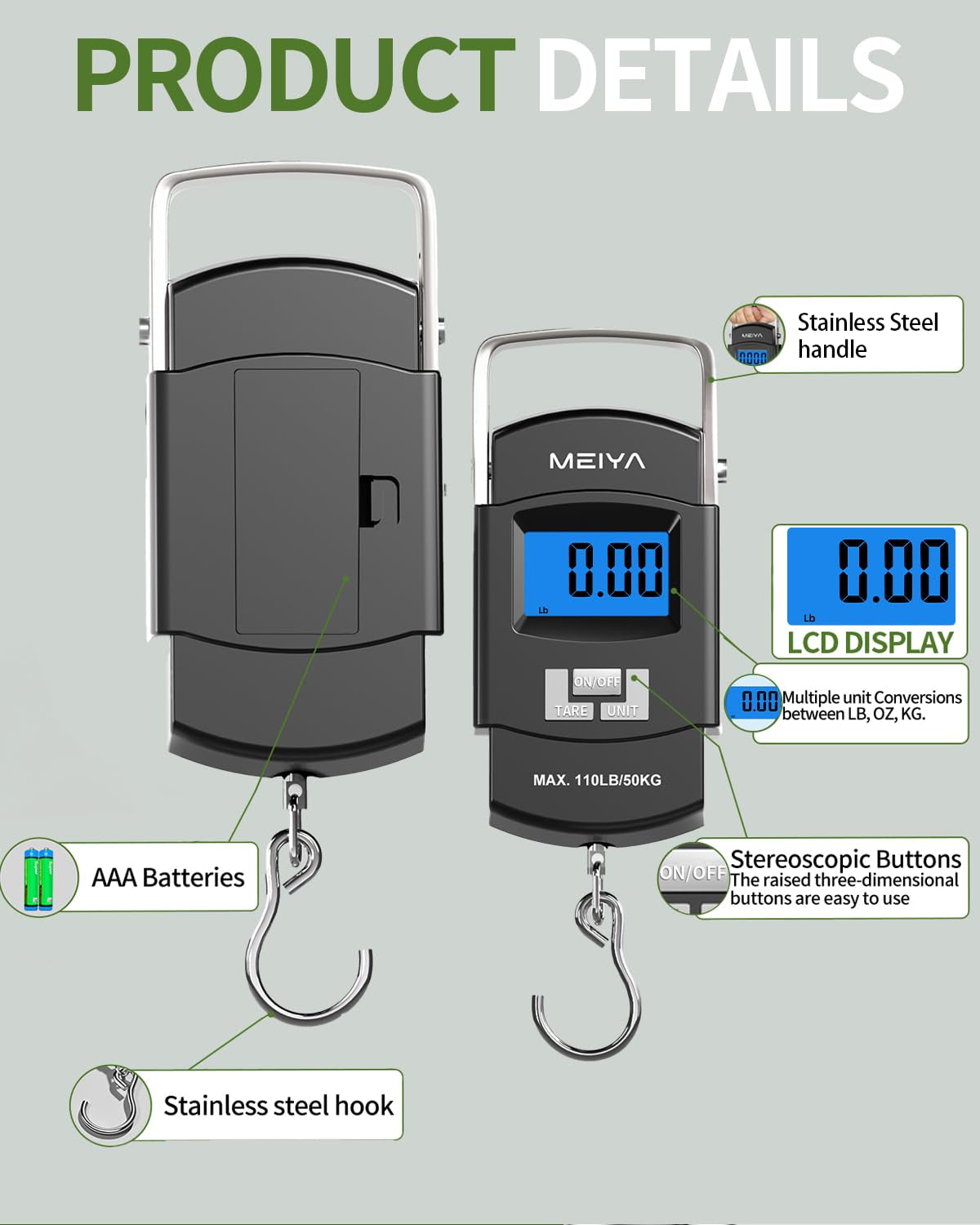 Fish Scale 110Lb/50Kg Digital Fishing Scale with Backlit LCD, Portable Handle, Stainless Steel Hook & 2 AAA Batteries – Reliable Fishing Gear & Great Fishing Gifts for Men