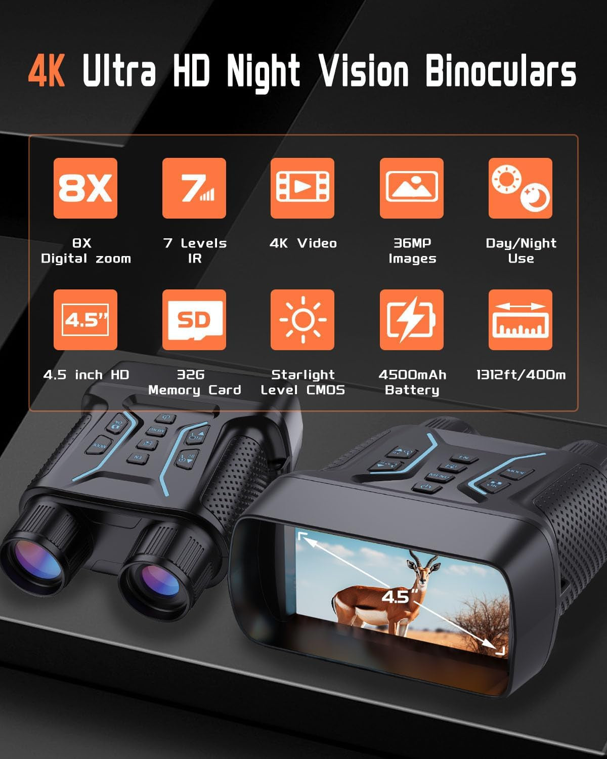 Night Vision Goggles, 4K Night Vision Binoculars for Adults 4.5'' HD Screen 32GB Card 8X Zoom for Photos and Videos, Christmas Outdoor Night Adventures and Wildlife Watching, Ideal Gifts for Men & Boy