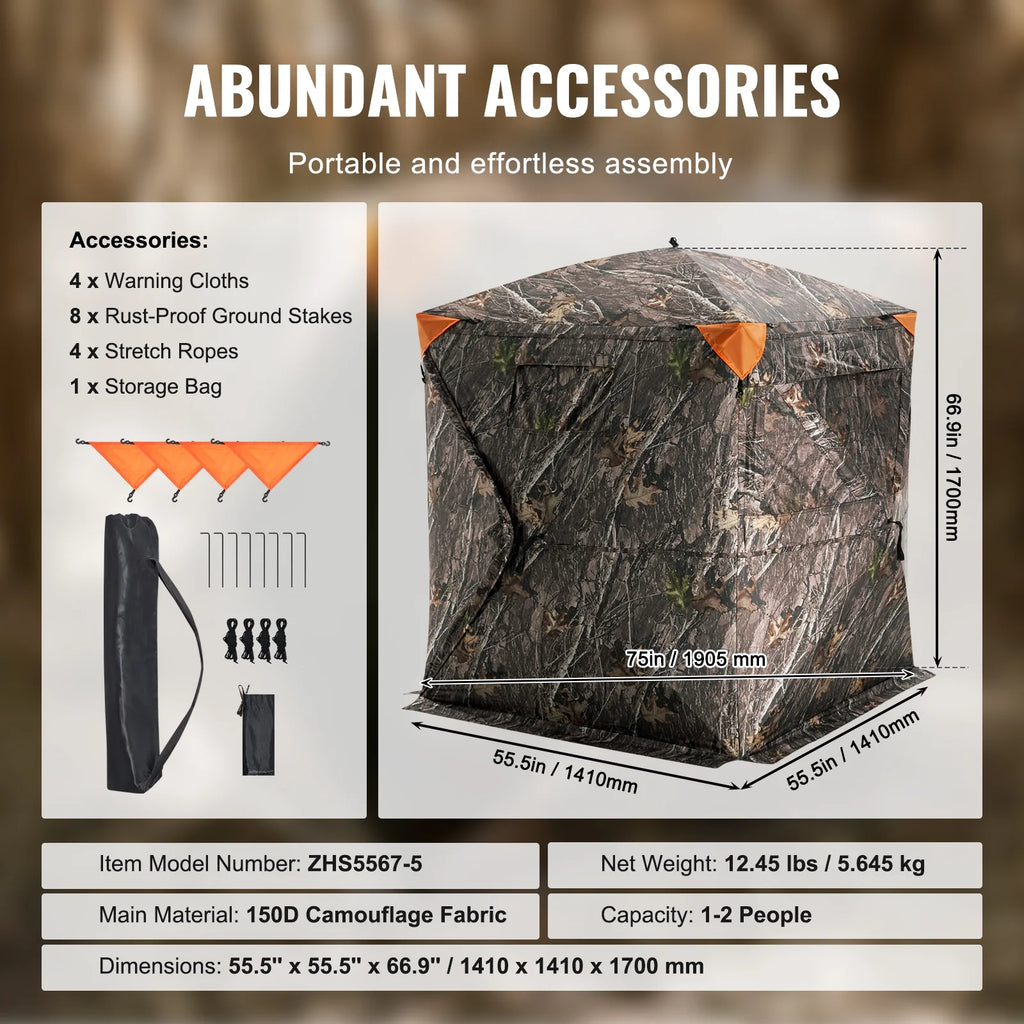 Hunting Shelter, 270° Visibility Ground Shelter, 1-2 Person Quick Setup Hunting Hideout with Transport Bag, Durable Outdoor Hunting Hub, 3 Side Windows for Turkey and Deer Stalking