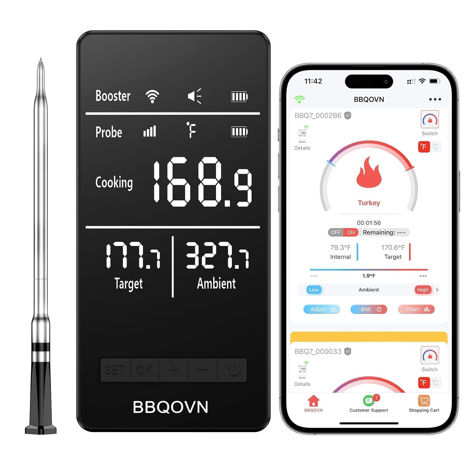 Smart Wifi Wireless Meat Thermometer, Sub-1G Long Range 1000FT, 7 NIST Certified Sensors in 1 Thin Probe ±0.5℉ Accuracy, Standalone Base with Large LCD for BBQ Grill Smoker Oven-Black
