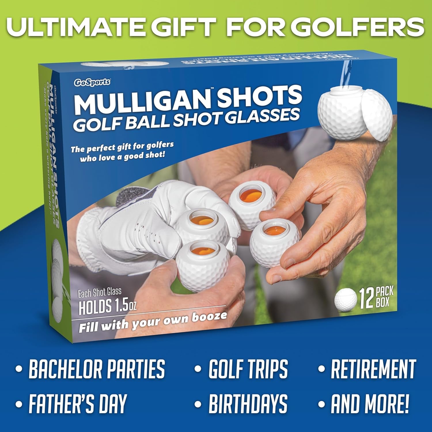 Mulligan Shots Golf Ball Shot Glasses with Lids - 12 Pack - Funny Golf Gifts for Men