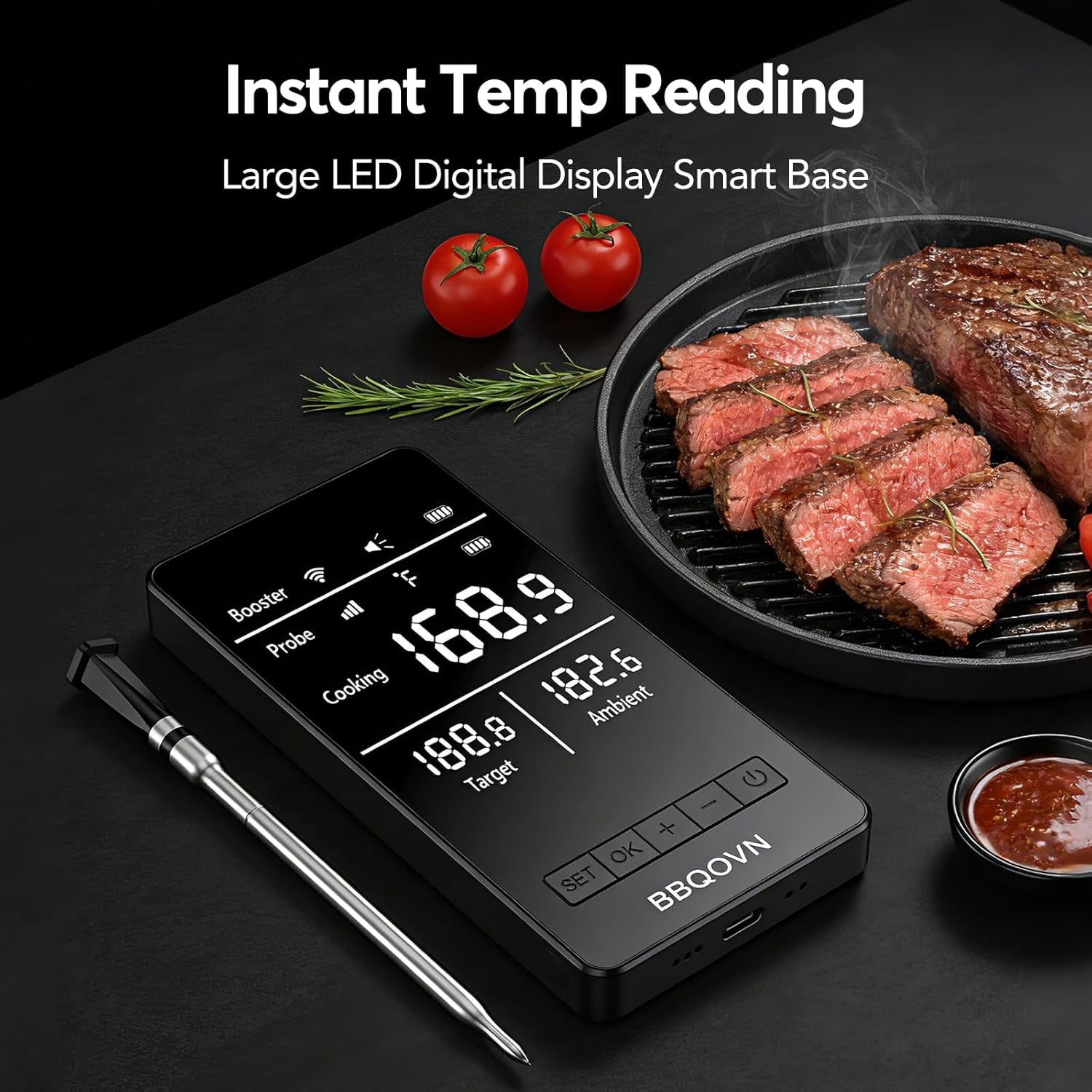 Smart Wifi Wireless Meat Thermometer, Sub-1G Long Range 1000FT, 7 NIST Certified Sensors in 1 Thin Probe ±0.5℉ Accuracy, Standalone Base with Large LCD for BBQ Grill Smoker Oven-Black