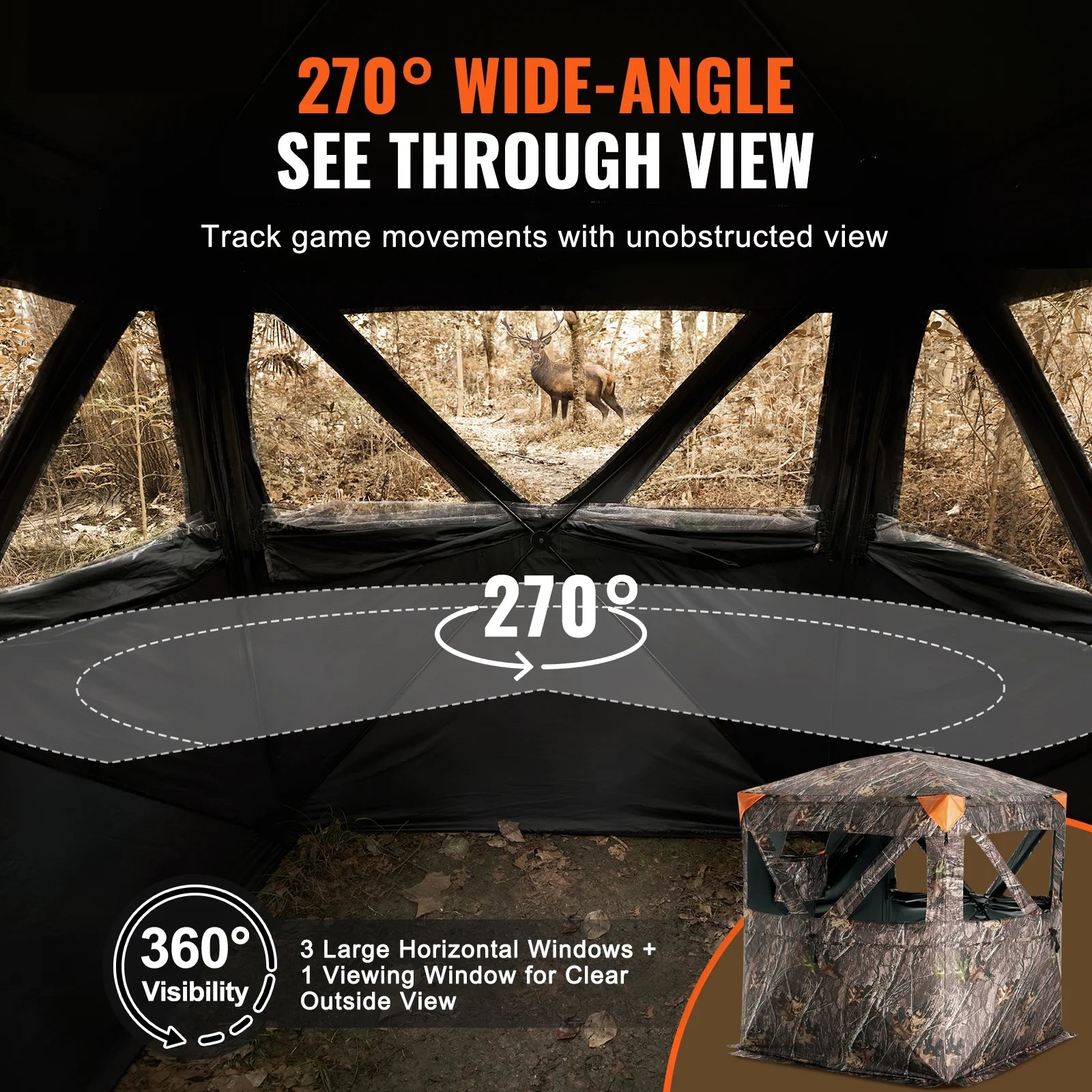 Hunting Shelter, 270° Visibility Ground Shelter, 1-2 Person Quick Setup Hunting Hideout with Transport Bag, Durable Outdoor Hunting Hub, 3 Side Windows for Turkey and Deer Stalking