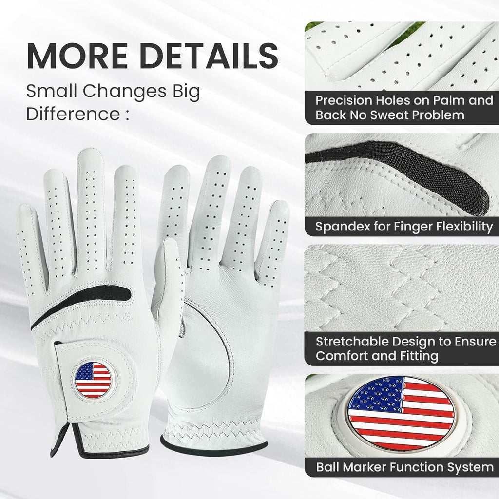 Golf Gloves Men Cabretta Leather with Ball Marker Value 2 Pack, Non Slip All Weather Grip for Left Hand Right Handed Golfer, Premium Mens Golf Glove Breathable