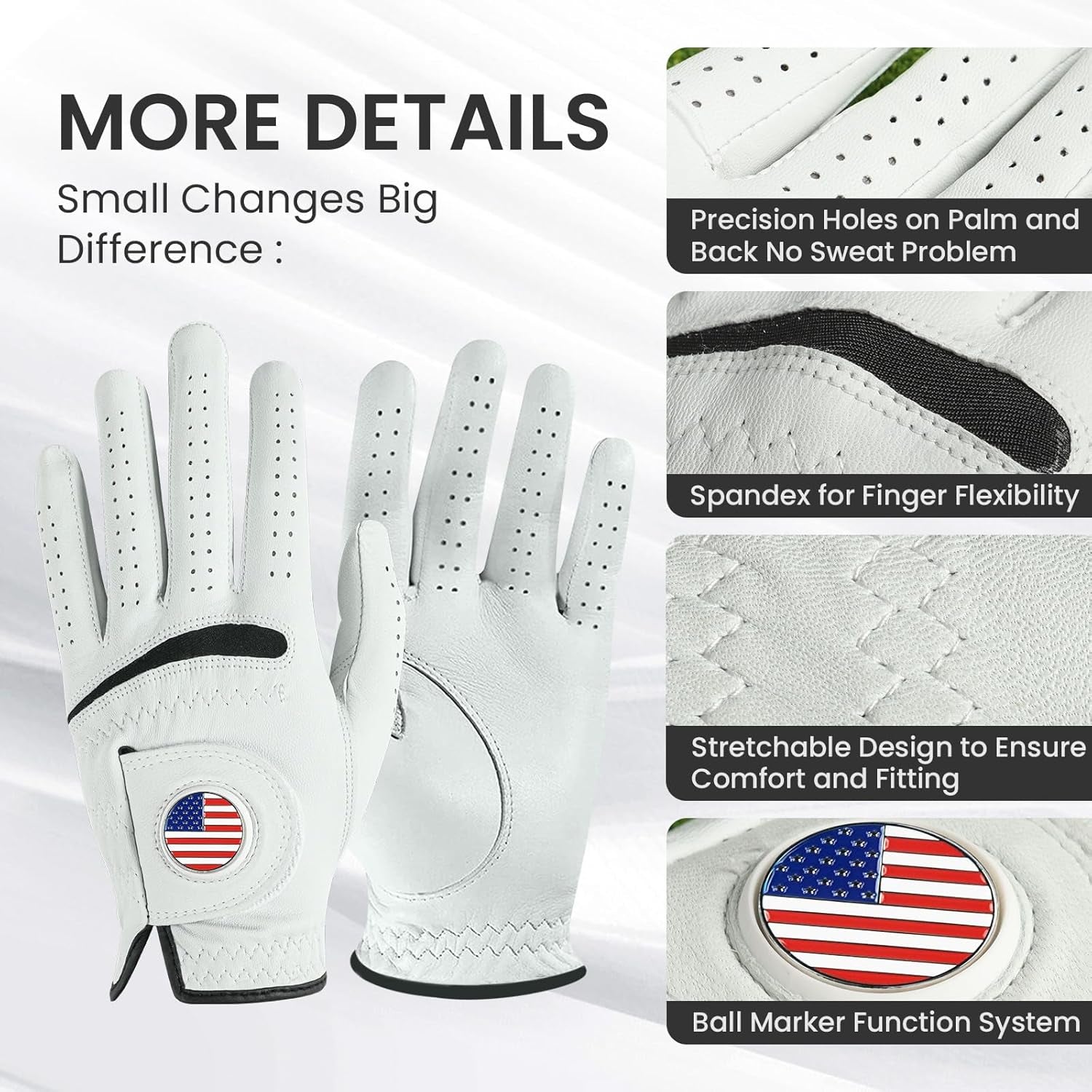 Golf Gloves Men Cabretta Leather with Ball Marker Value 2 Pack, Non Slip All Weather Grip for Left Hand Right Handed Golfer, Premium Mens Golf Glove Breathable